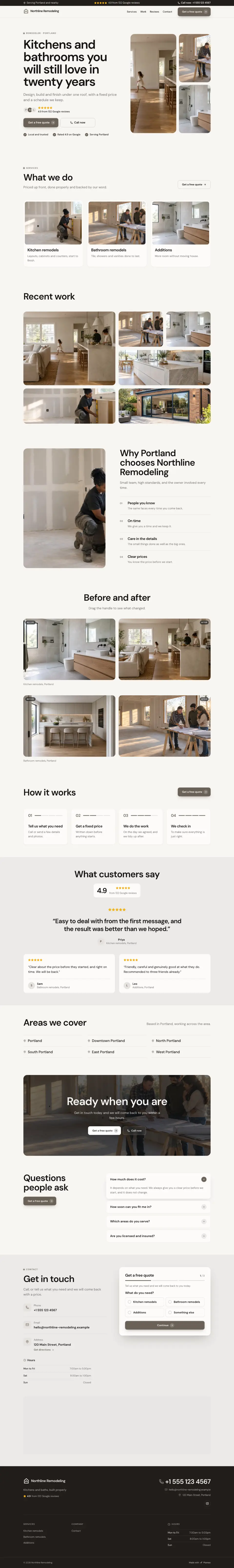 The whole Remodeling Studio home page on a computer, from the top of the page to the contact section