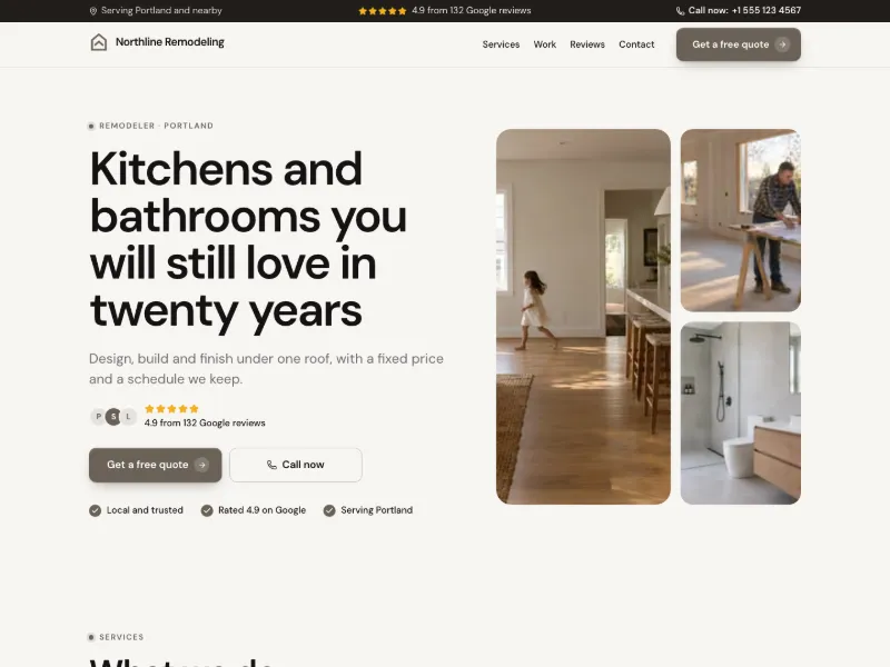 The Remodeling Studio website template for contractors and builders, worn by a sample business