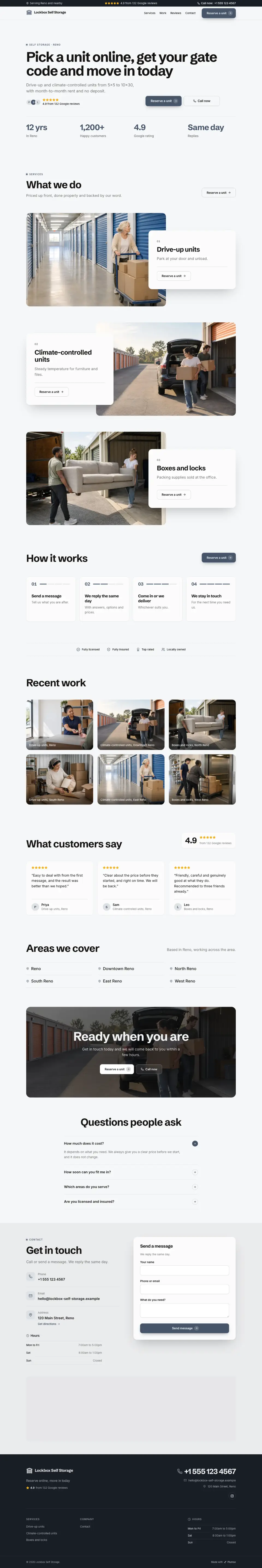 The whole Self Storage home page on a computer, from the top of the page to the contact section