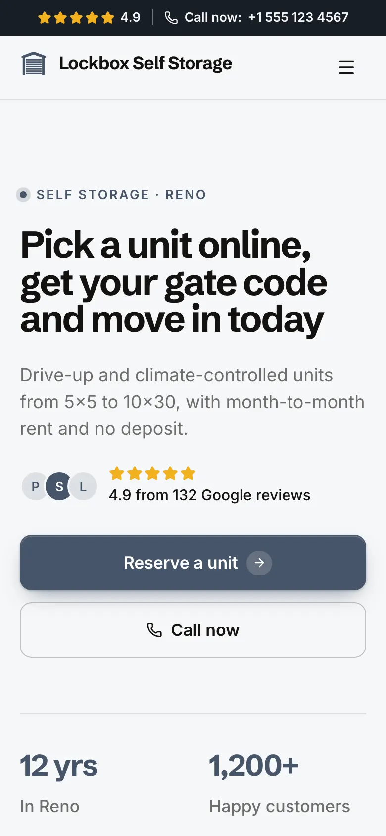 The Self Storage template on a phone