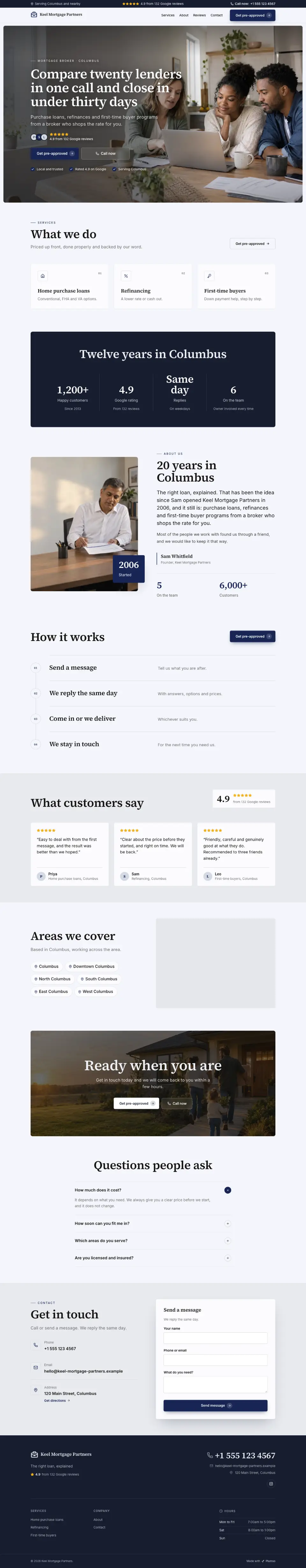 The whole Mortgage Broker home page on a computer, from the top of the page to the contact section