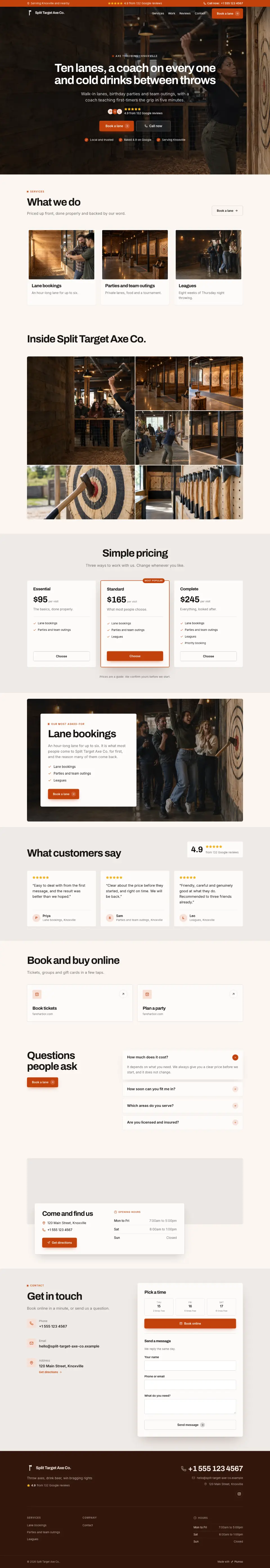 The whole Axe Throwing home page on a computer, from the top of the page to the contact section