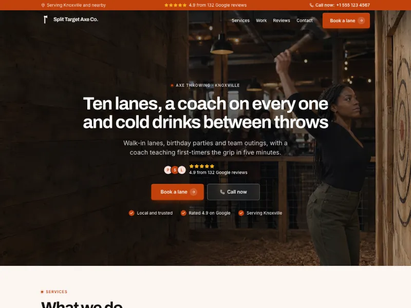 The Axe Throwing website template for activities and attractions, worn by a sample business