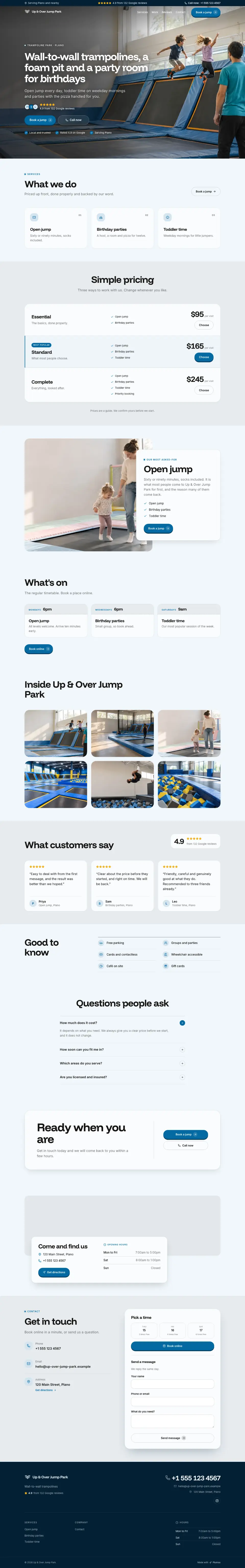 The whole Trampoline Park home page on a computer, from the top of the page to the contact section