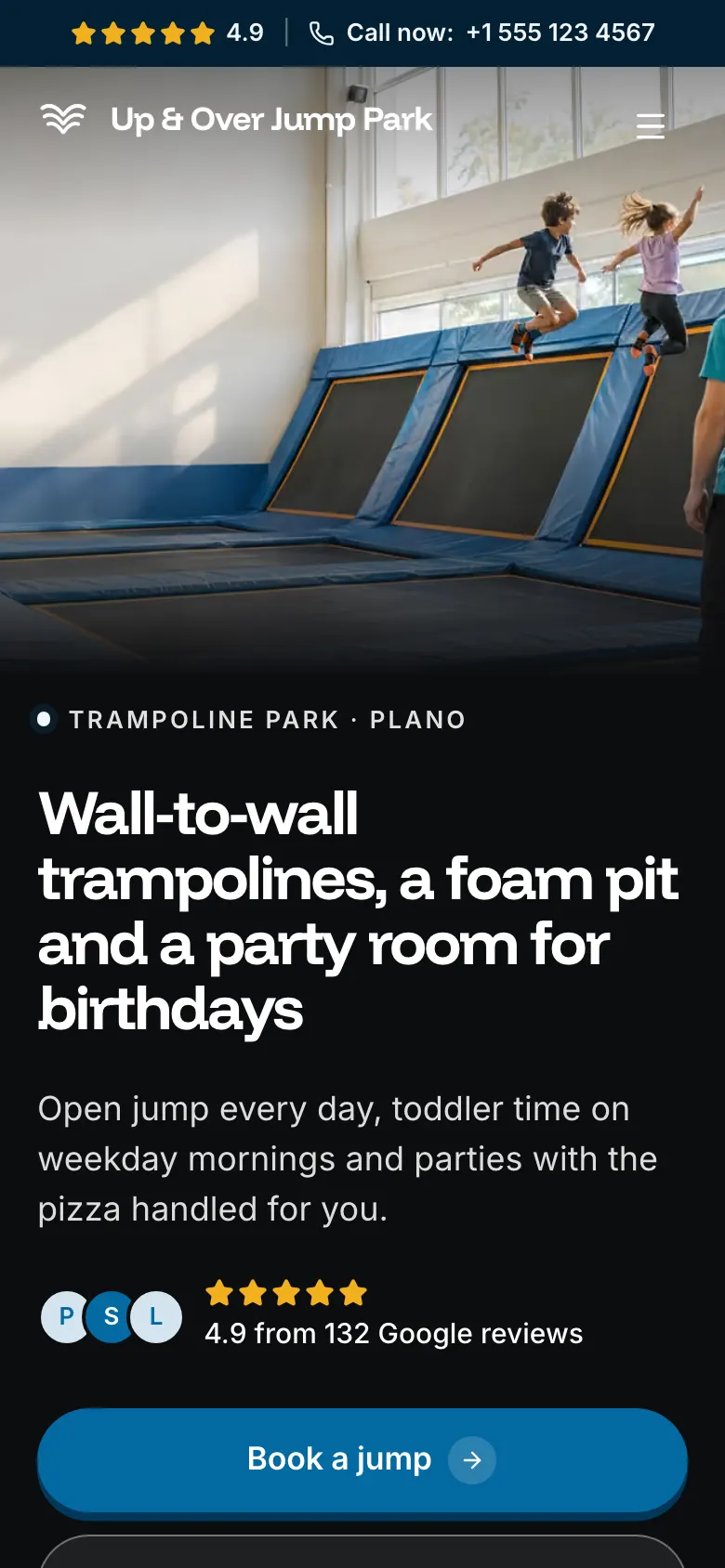 The Trampoline Park template on a phone