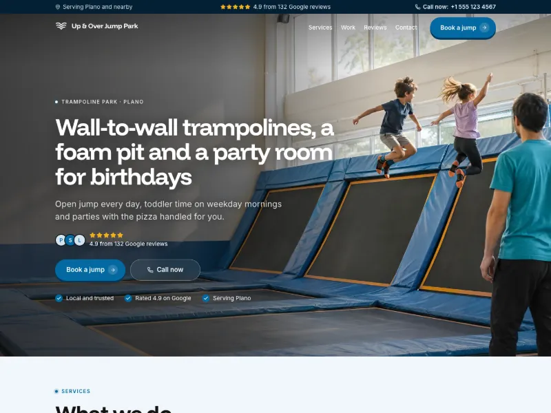 The Trampoline Park website template for activities and attractions, worn by a sample business