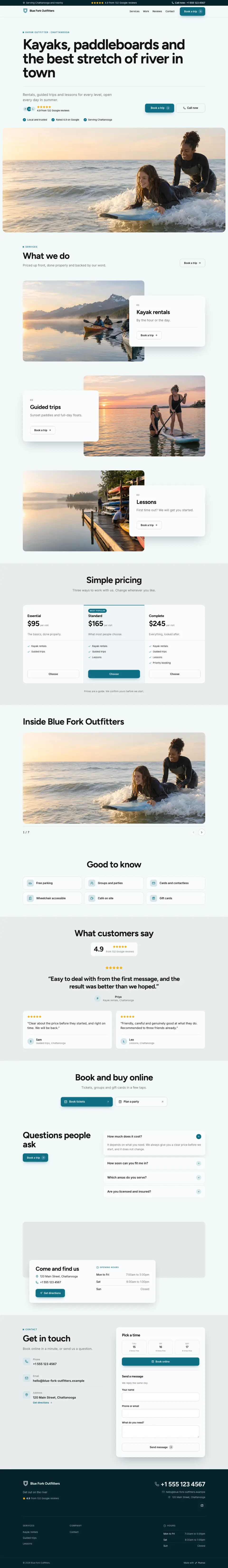 The whole Kayak Outfitter home page on a computer, from the top of the page to the contact section