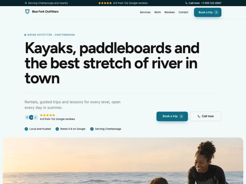 The Kayak Outfitter website template for activities and attractions, worn by a sample business