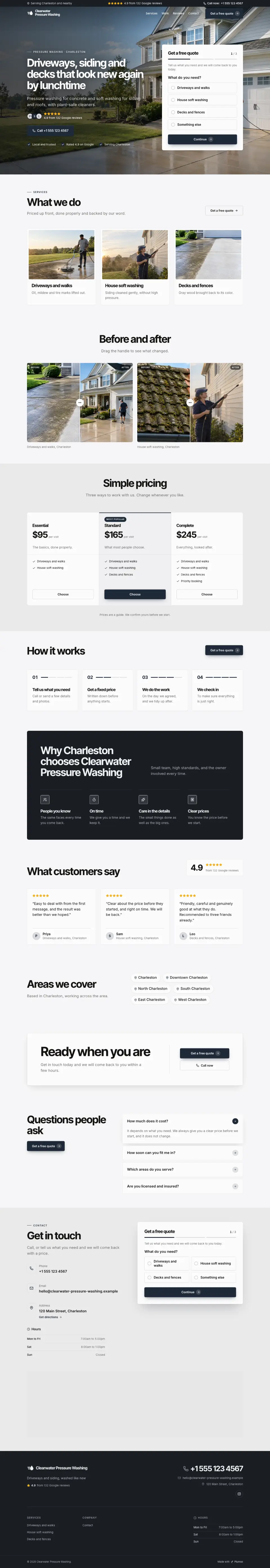 The whole Pressure Washing home page on a computer, from the top of the page to the contact section