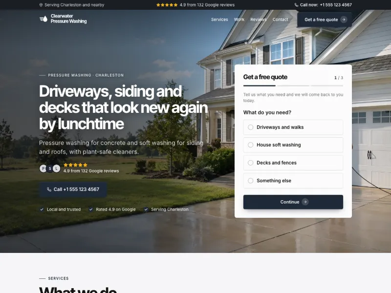 The Pressure Washing website template for cleaning and recurring care, worn by a sample business