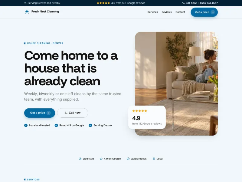 The House Cleaning website template for cleaning and recurring care, worn by a sample business