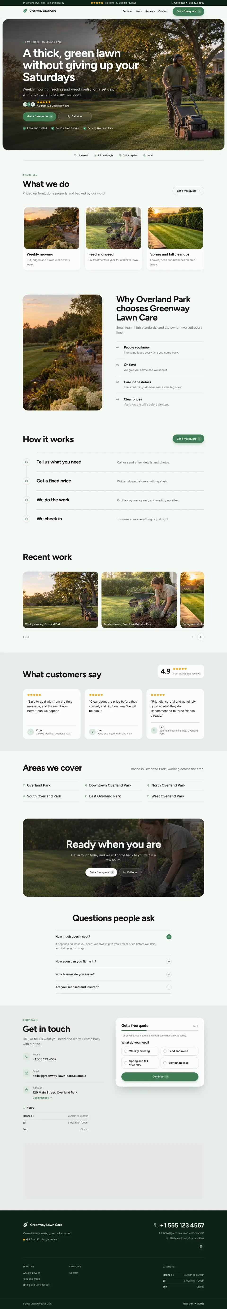 The whole Lawn Care home page on a computer, from the top of the page to the contact section