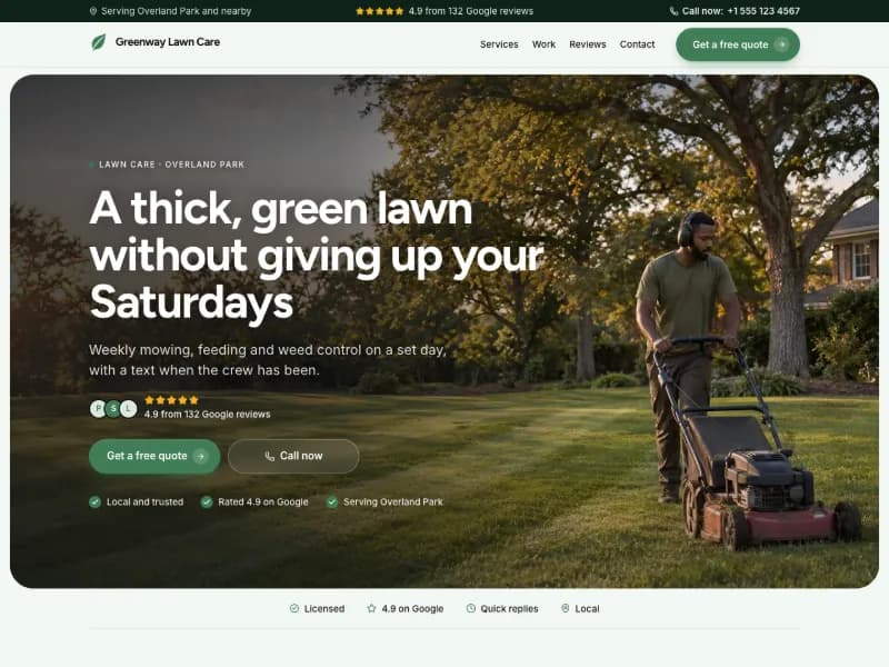 The Lawn Care website template for cleaning and recurring care, worn by a sample business