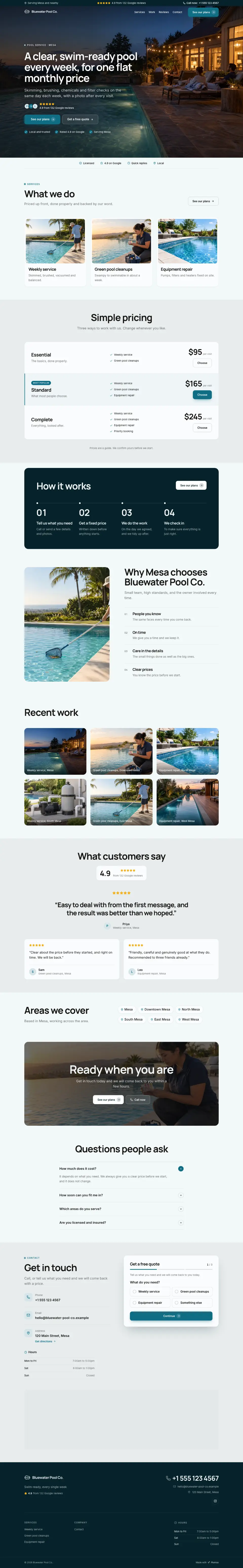The whole Pool Service home page on a computer, from the top of the page to the contact section