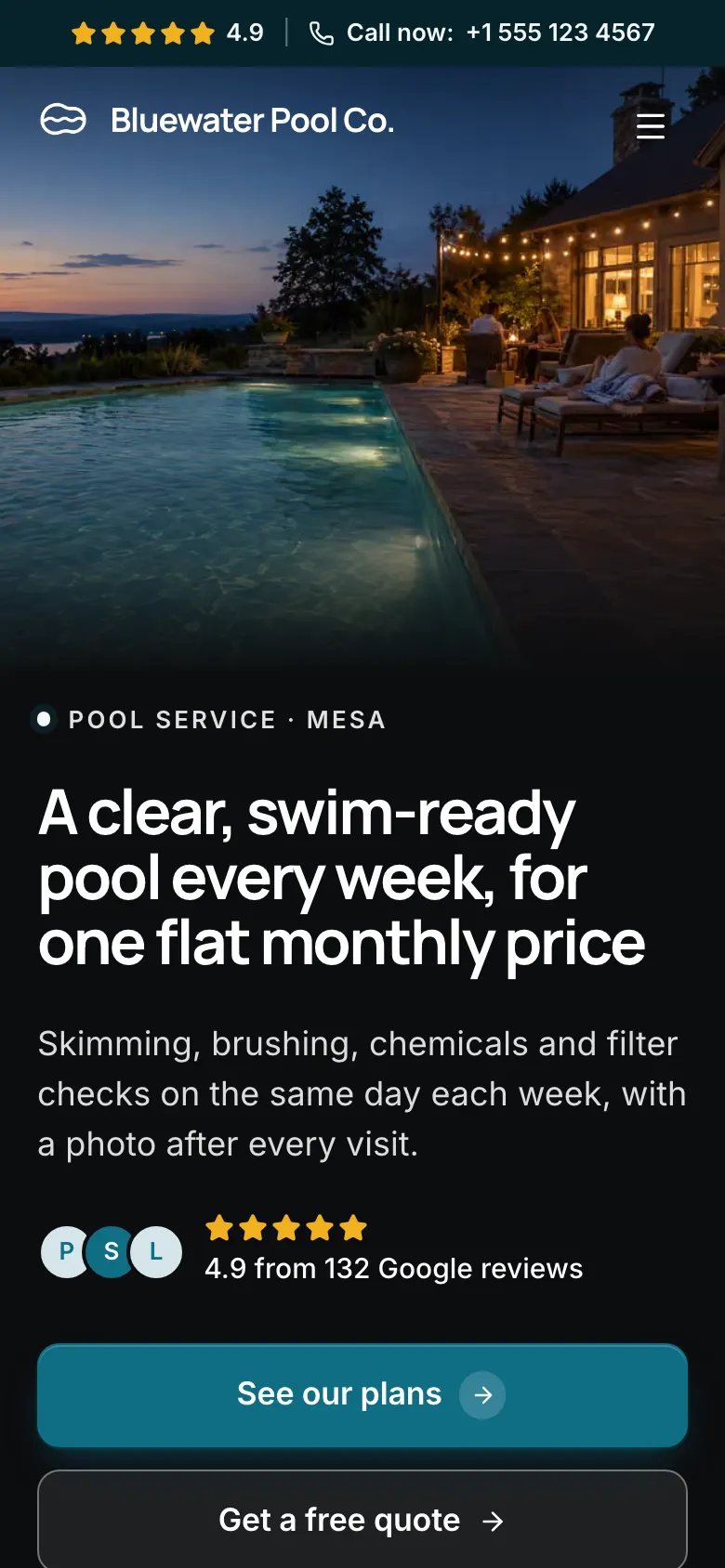 The Pool Service template on a phone