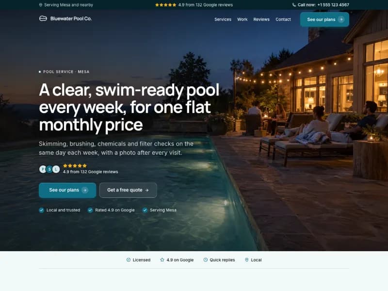 The Pool Service website template for cleaning and recurring care, worn by a sample business