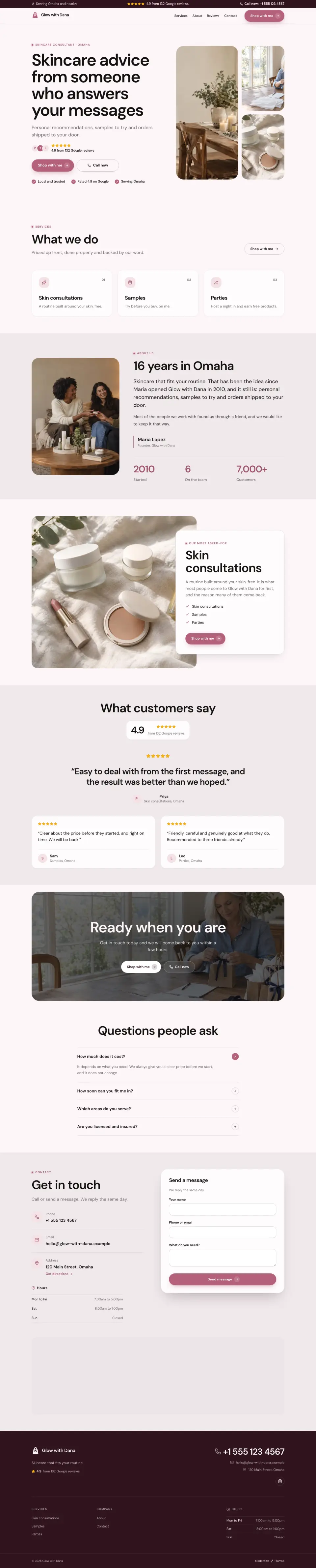 The whole Skincare Consultant home page on a computer, from the top of the page to the contact section