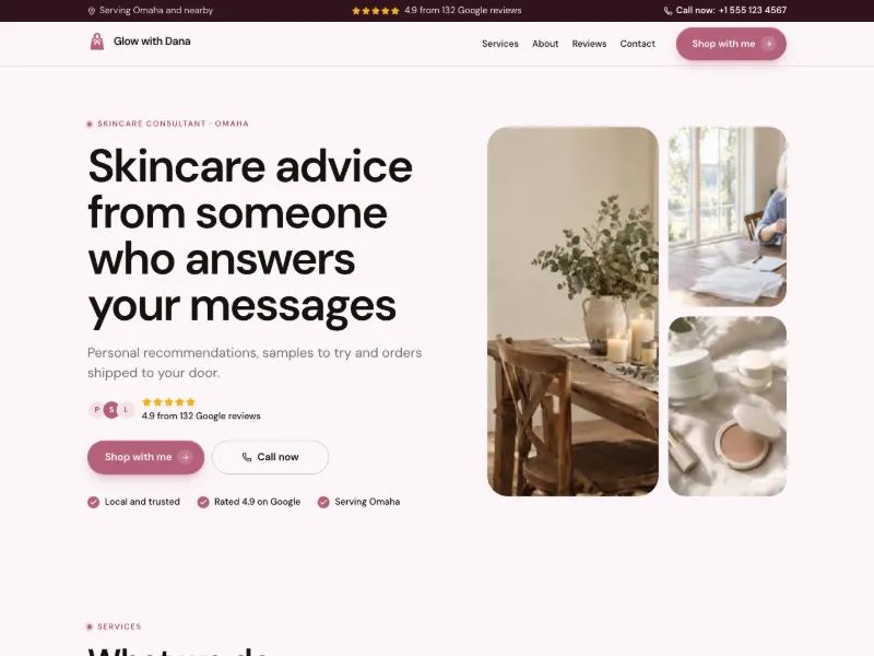 The Skincare Consultant website template for independent reps, worn by a sample business