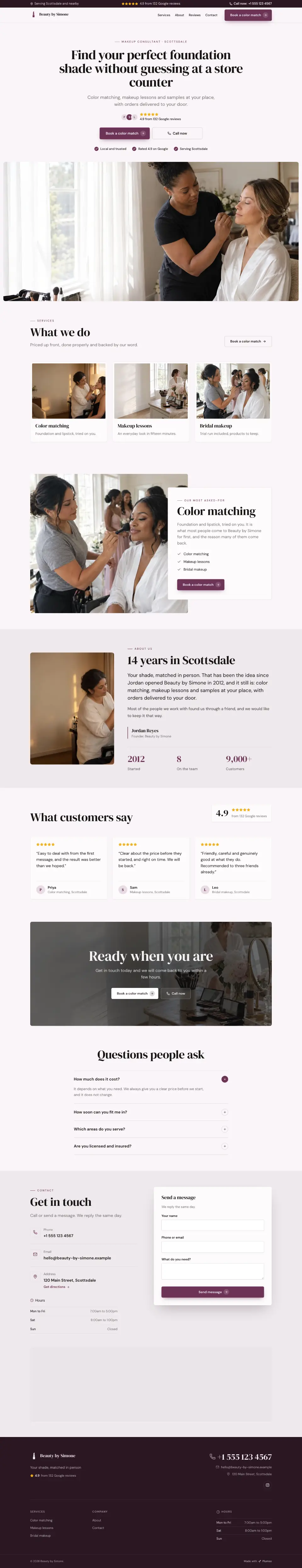 The whole Makeup Consultant home page on a computer, from the top of the page to the contact section