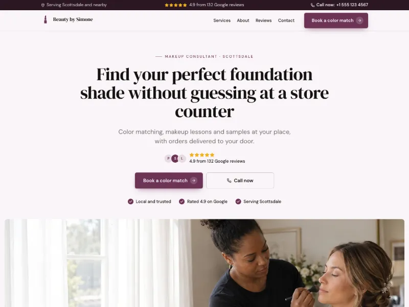 The Makeup Consultant website template for independent reps, worn by a sample business