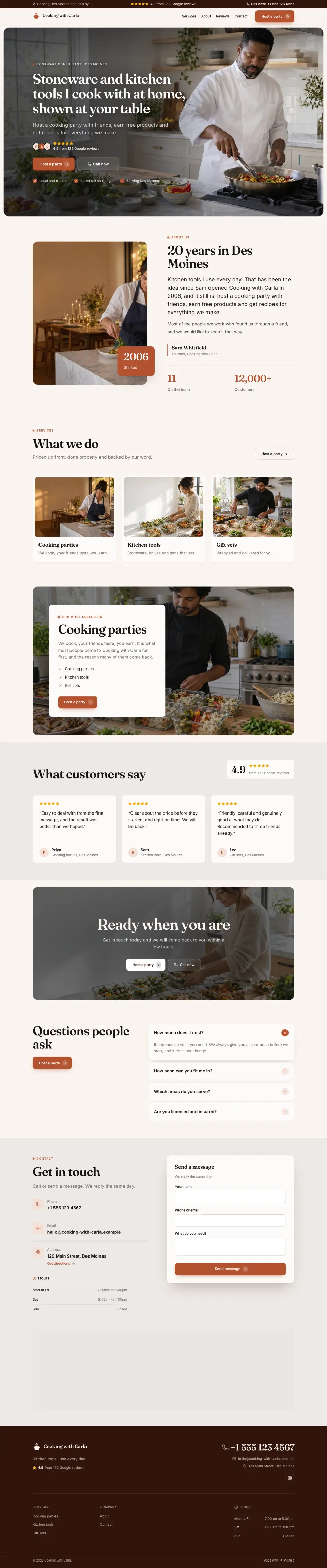 The whole Cookware Consultant home page on a computer, from the top of the page to the contact section
