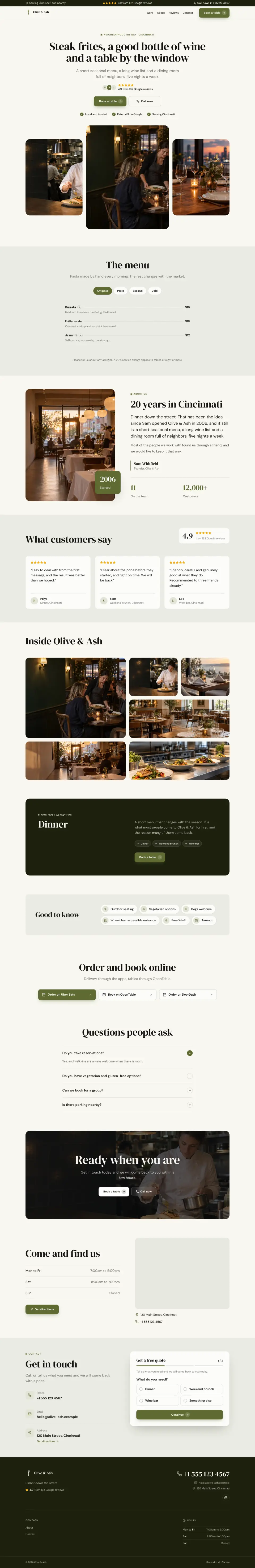 The whole Neighborhood Bistro home page on a computer, from the top of the page to the contact section