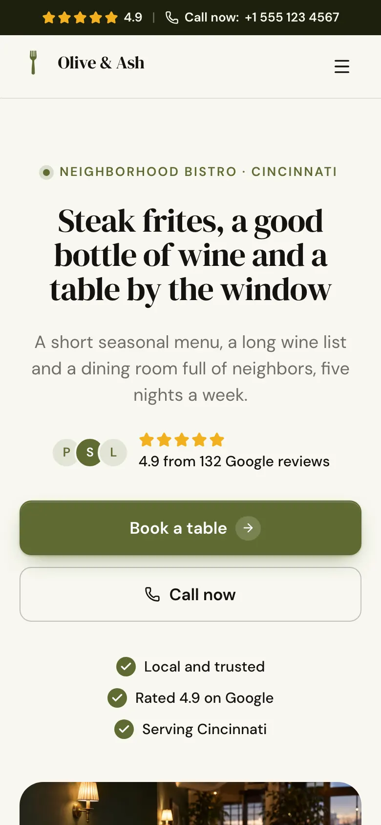 The Neighborhood Bistro template on a phone