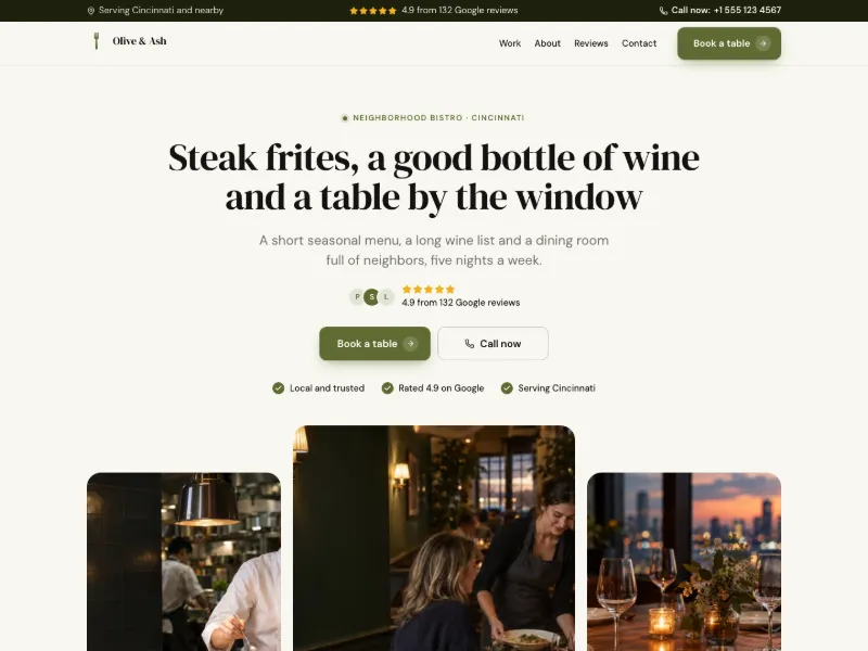 The Neighborhood Bistro website template for restaurants, worn by a sample business