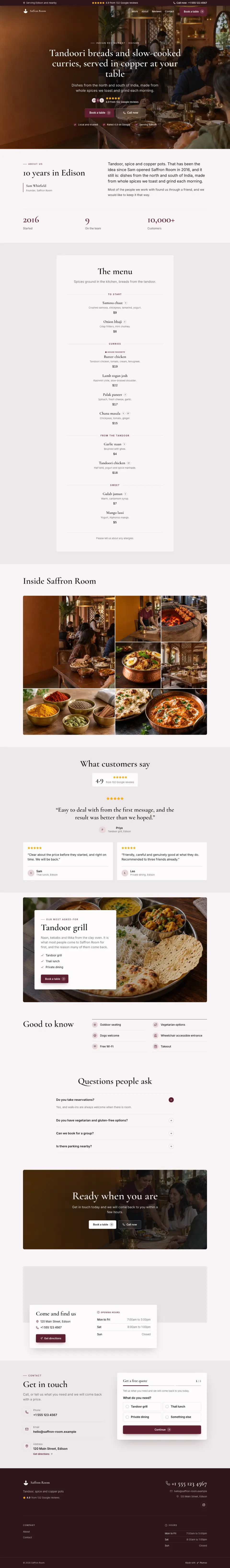 The whole Indian Restaurant home page on a computer, from the top of the page to the contact section