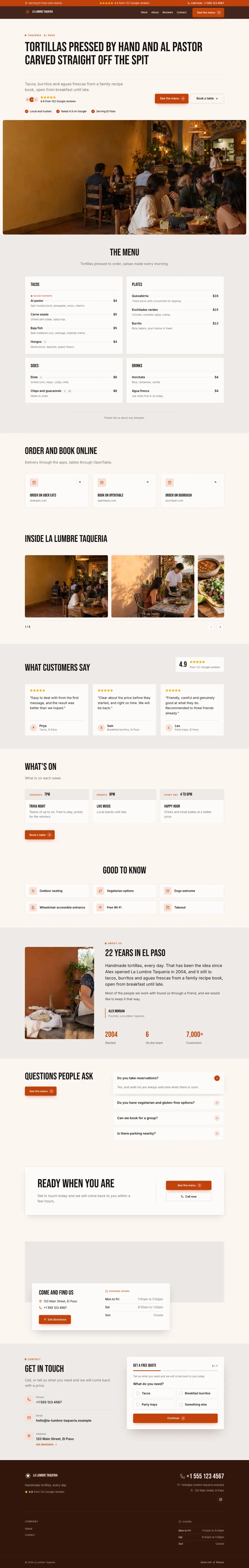 The whole Taqueria home page on a computer, from the top of the page to the contact section