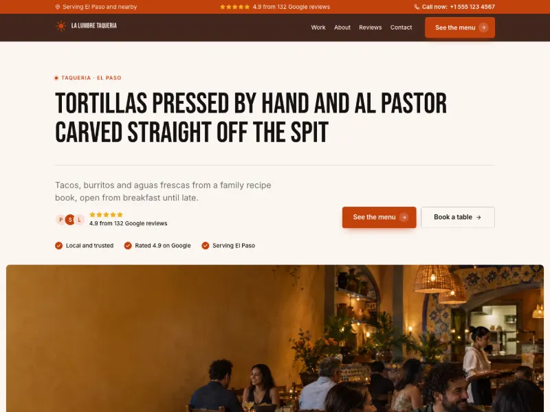 The Taqueria website template for restaurants, worn by a sample business