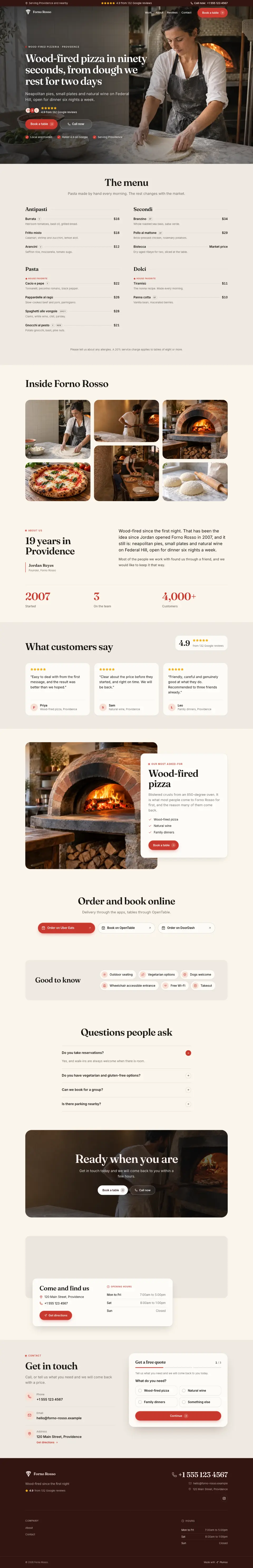 The whole Pizzeria home page on a computer, from the top of the page to the contact section