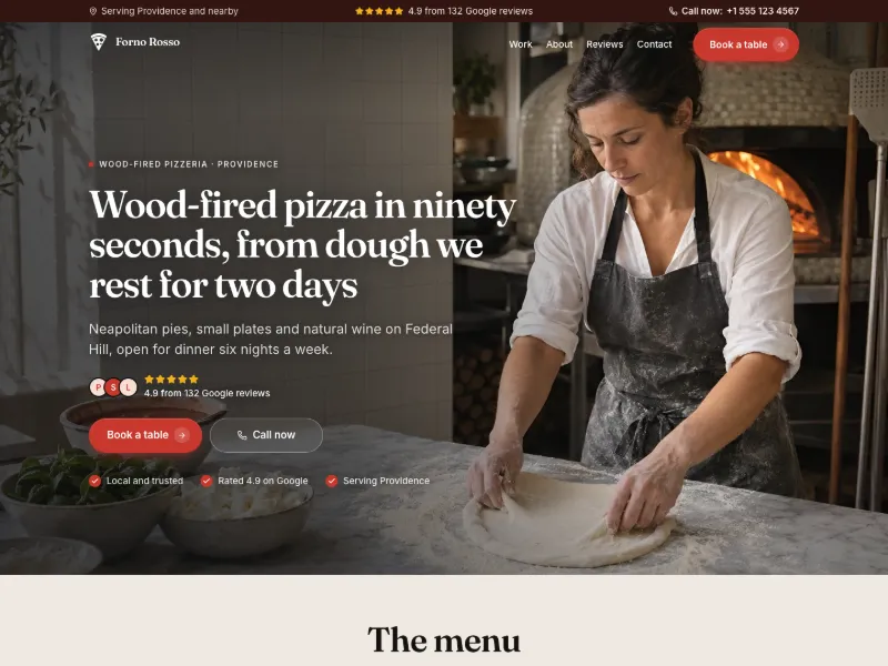 The Pizzeria website template for restaurants, worn by a sample business
