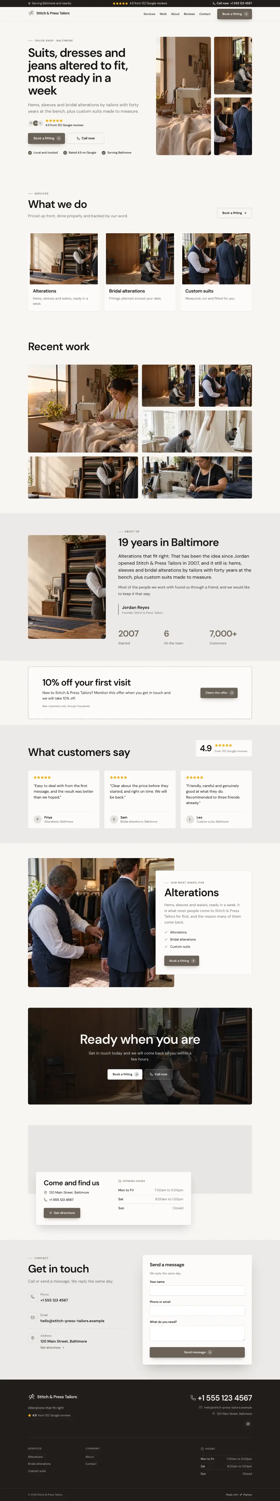 The whole Tailor Shop home page on a computer, from the top of the page to the contact section