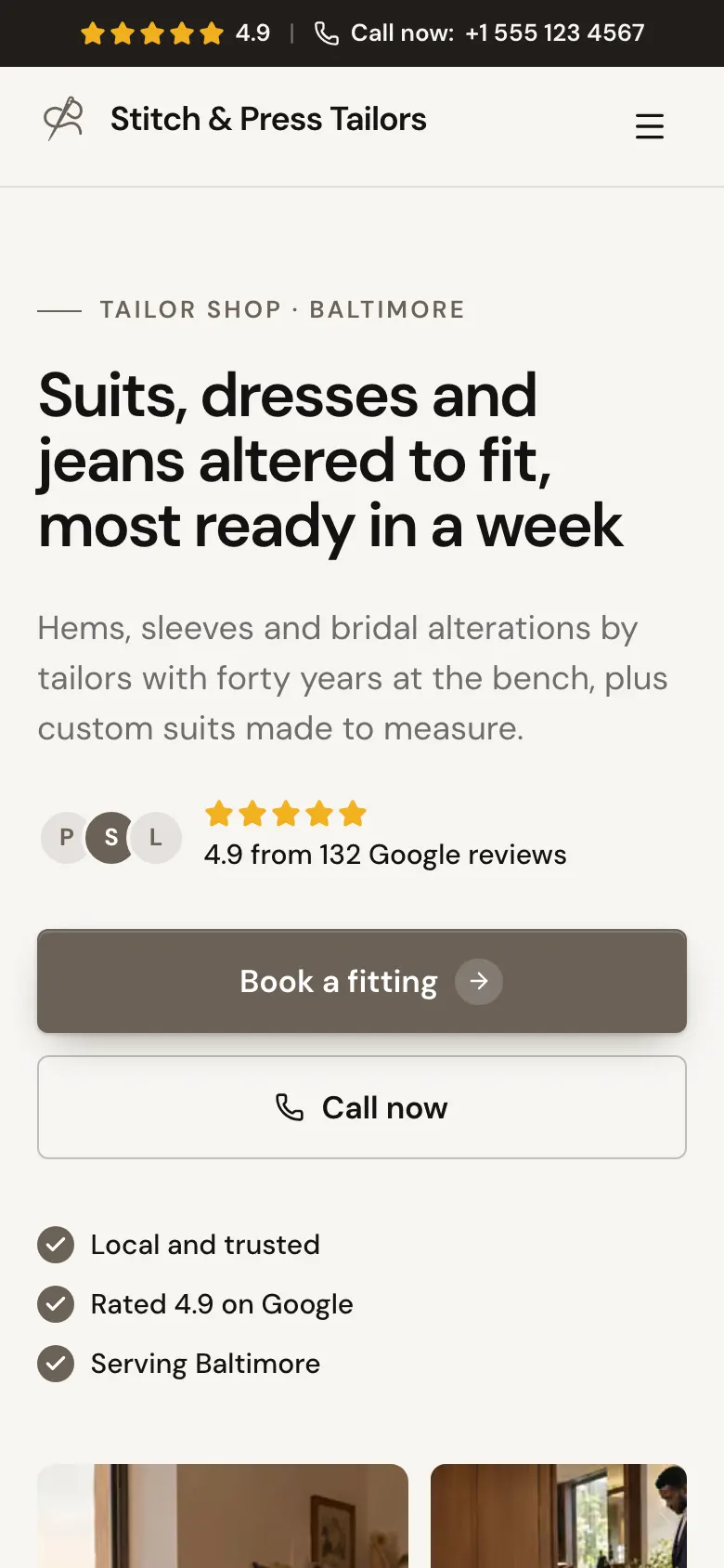 The Tailor Shop template on a phone