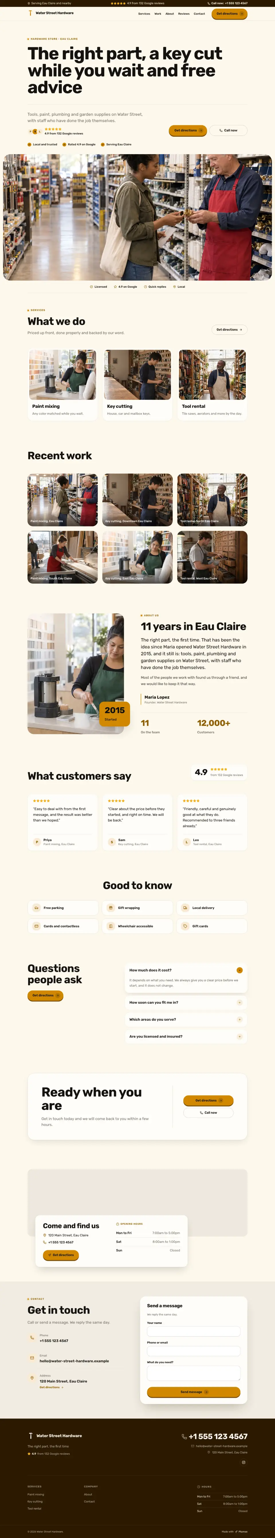 The whole Hardware Store home page on a computer, from the top of the page to the contact section
