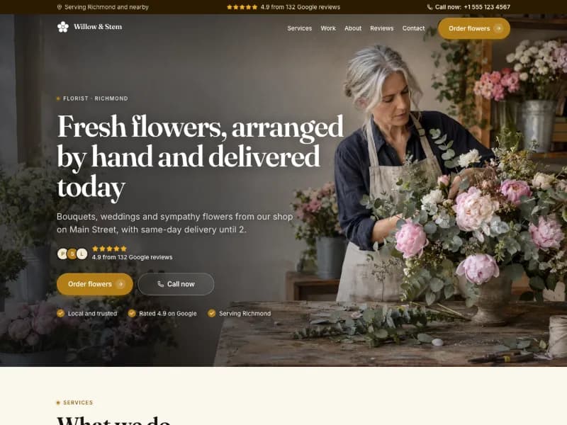 The Florist website template for shops, worn by a sample business