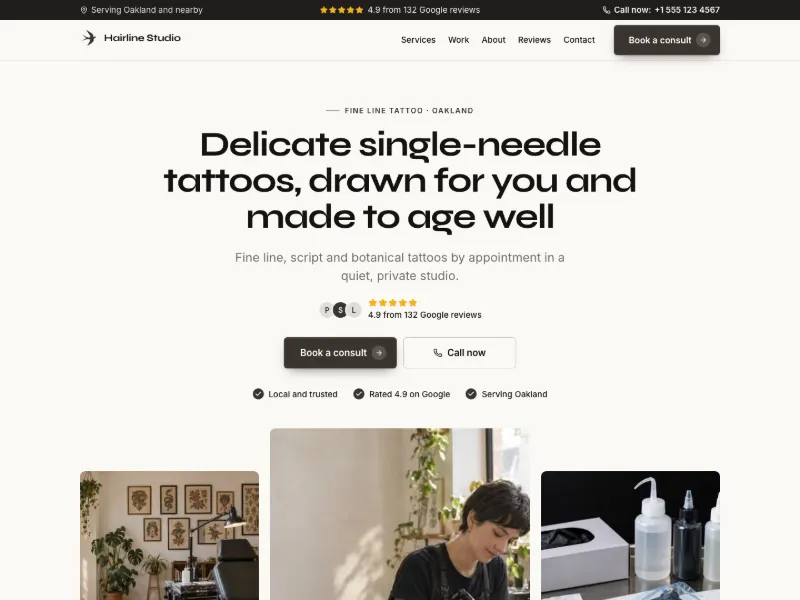 The Fine Line Tattoo website template for tattoo studios, worn by a sample business