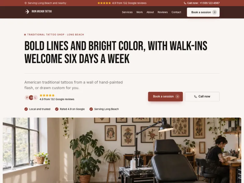 The Traditional Tattoo website template for tattoo studios, worn by a sample business