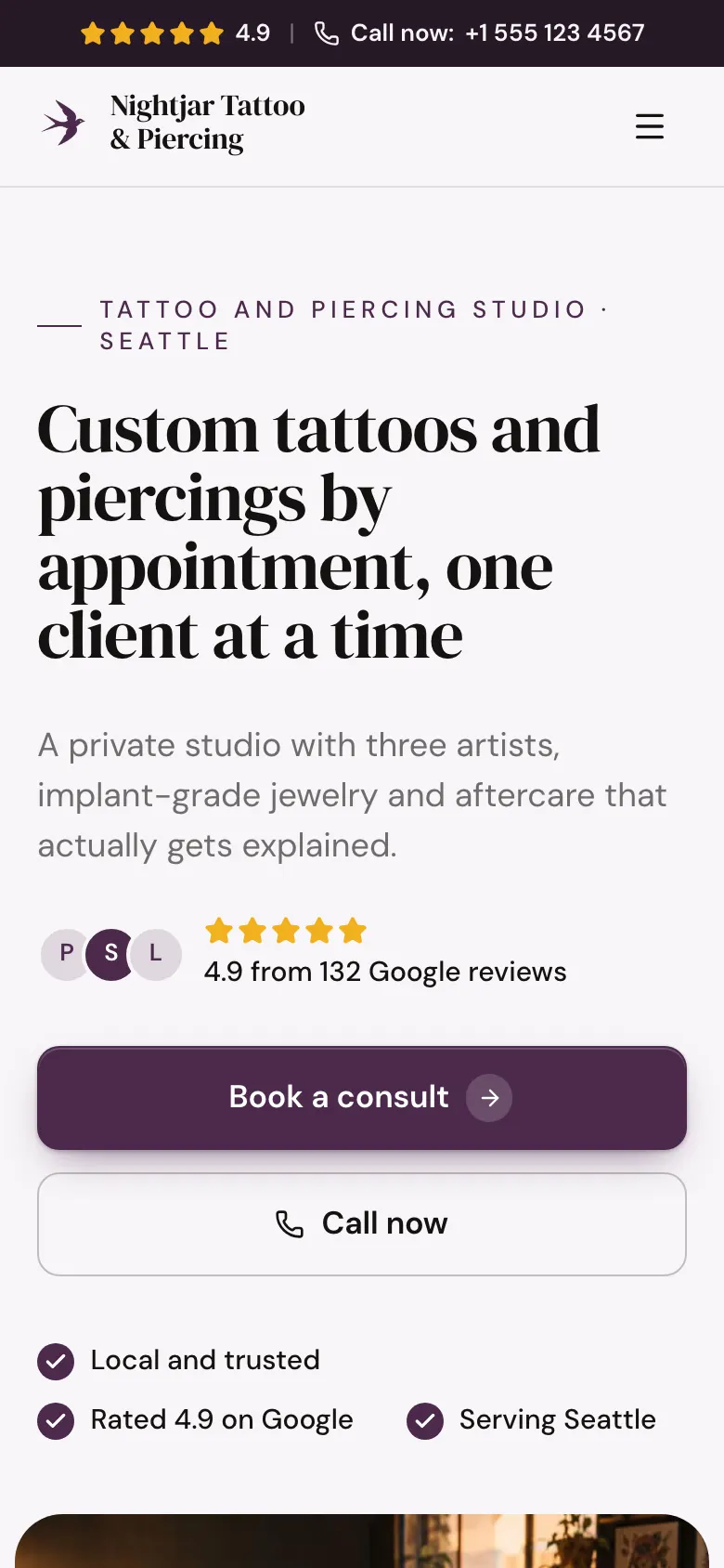 The Tattoo & Piercing template on a phone