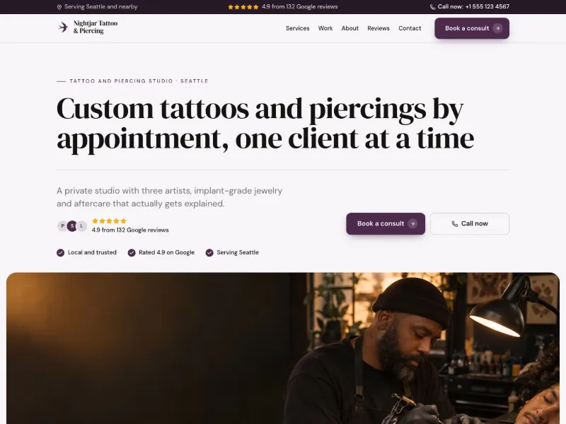 The Tattoo & Piercing website template for tattoo studios, worn by a sample business