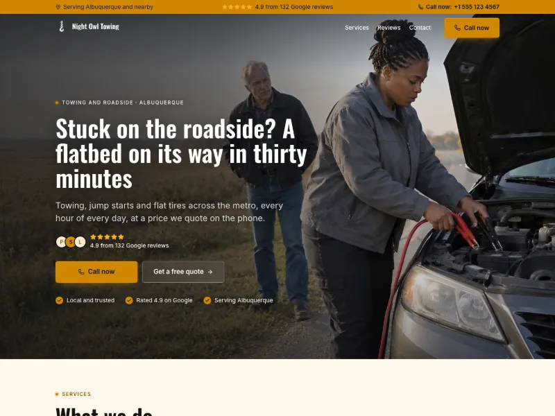 The Towing Company website template for home services, worn by a sample business