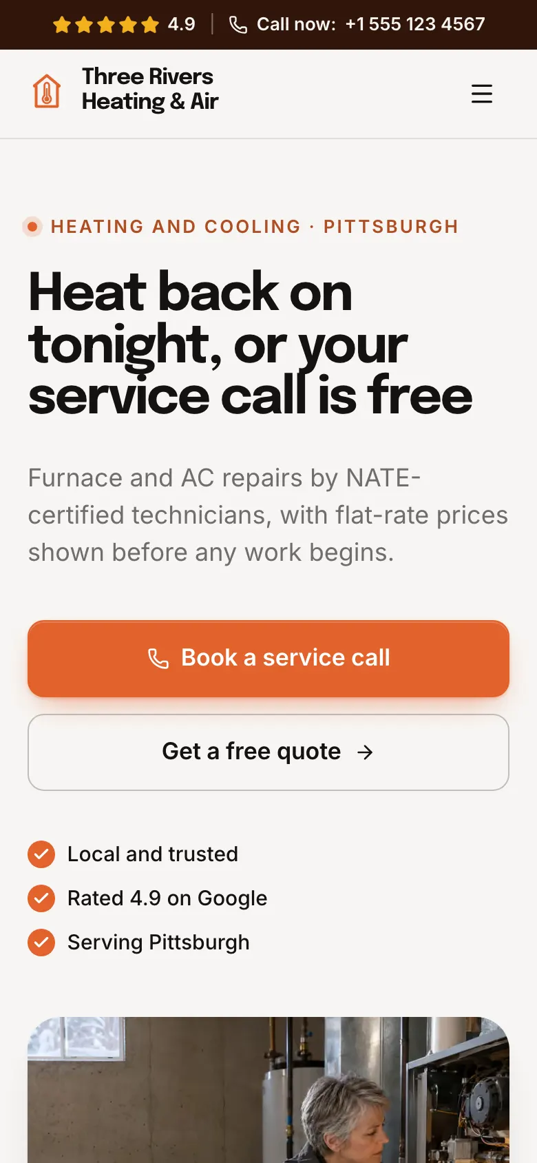 The Heating & Cooling template on a phone