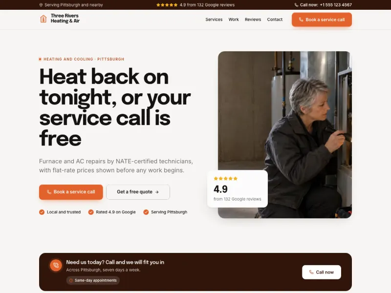 The Heating & Cooling website template for home services, worn by a sample business