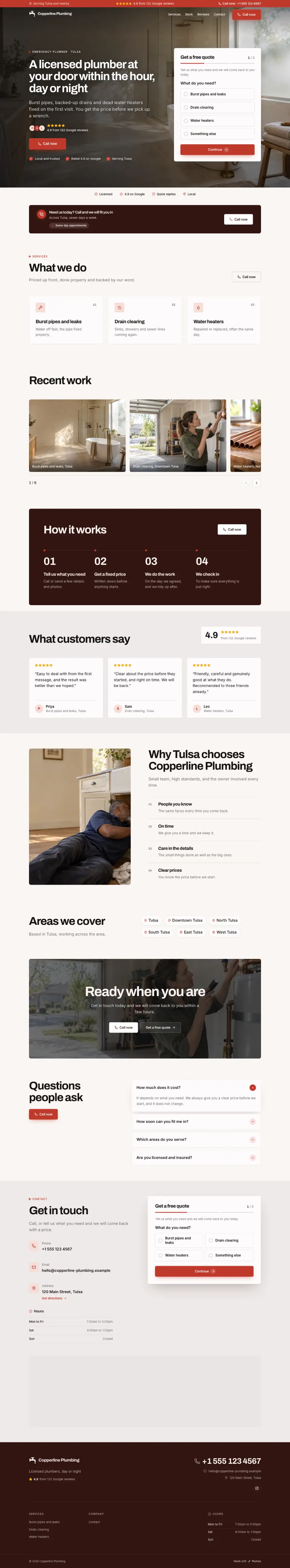 The whole Emergency Plumber home page on a computer, from the top of the page to the contact section