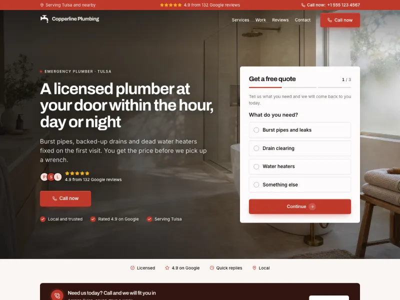 The Emergency Plumber website template for home services, worn by a sample business